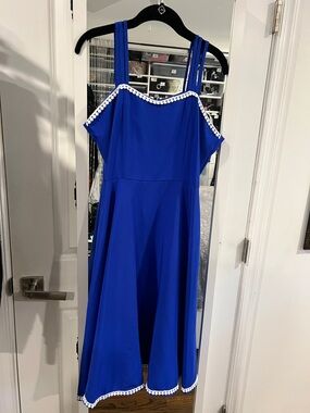 Blue Cami Spaghetti Strap 50’s Style Midi Dress with Pom-Pom Trim